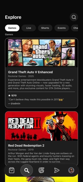 The Explore tab, browsing games